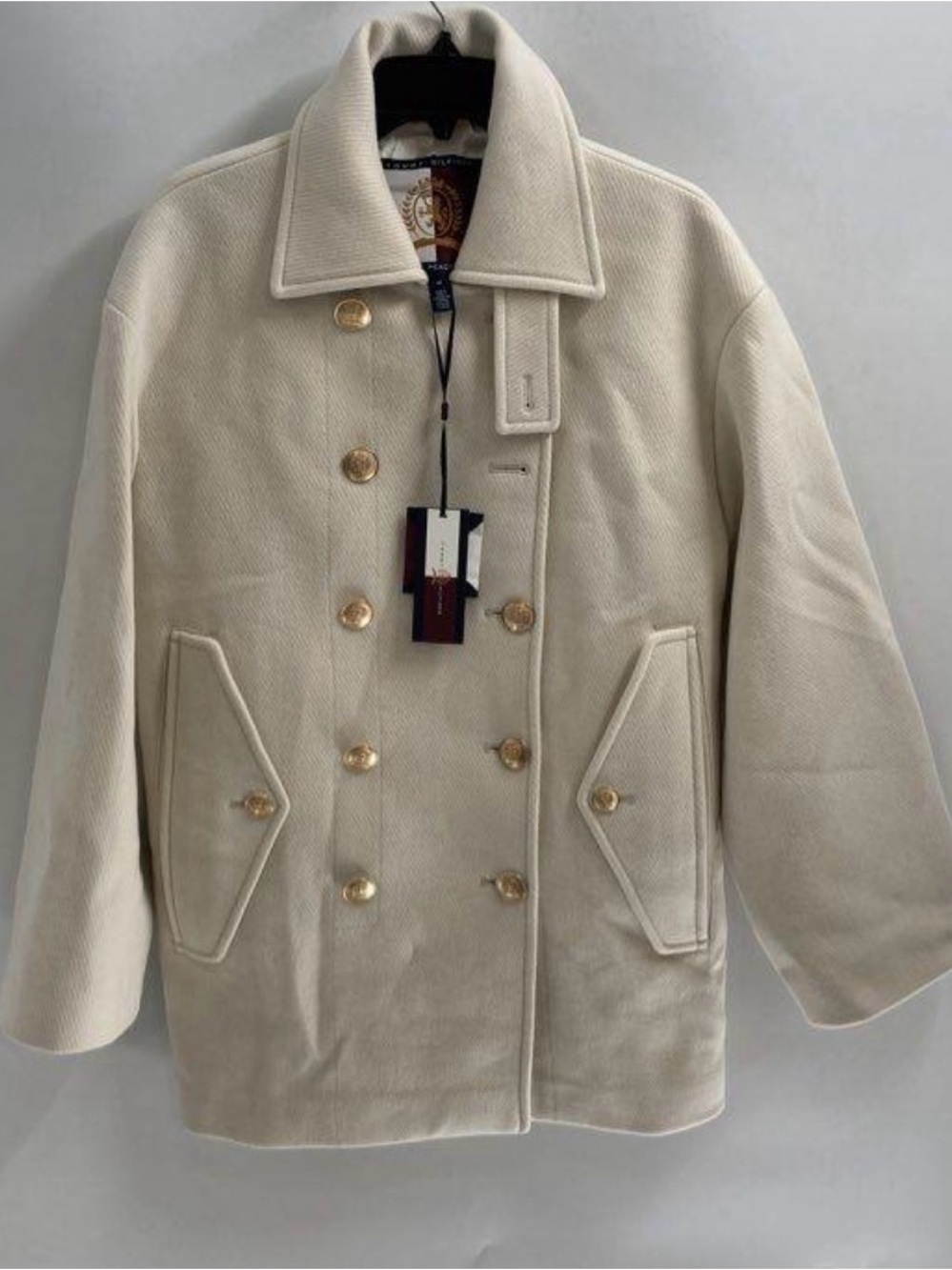 Tommy Hilfiger Cream Double-Breasted Pea Coat with Gold Buttons